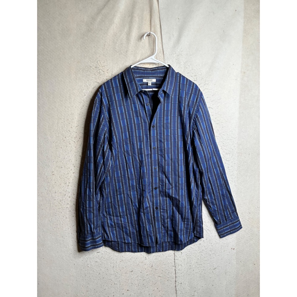 Murano Collezione Mens XL Blue Black Striped Cotton Button Down Long Sleeve